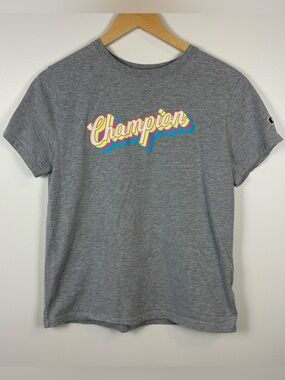 Champion Women’s Heather Gray Cotton Blend Rainbow Logo T-Shirt, Size Medium